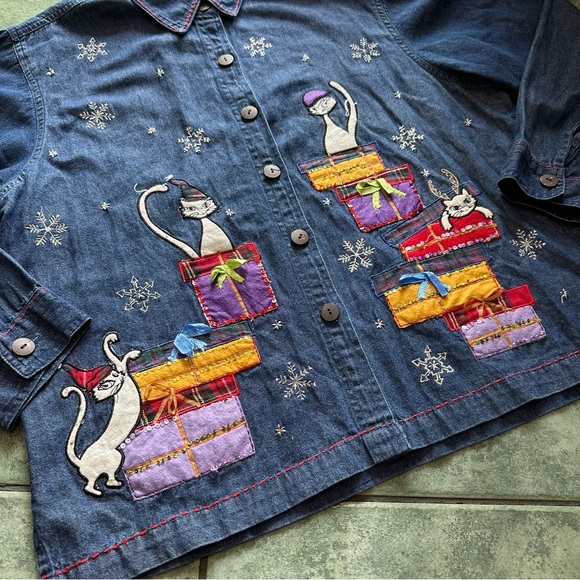 VTG Christmas Cats Denim Button Front Long Sleeve Dress Shirt - Picture 2 of 7